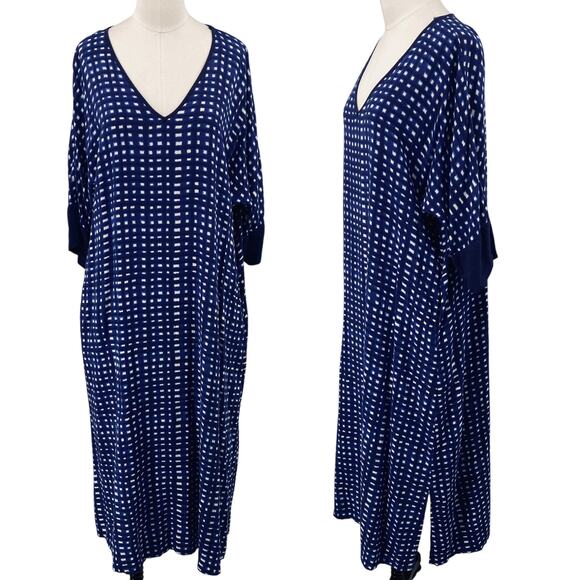 Natori Kaftan Midi Dress V Neck Domlan Sleeve Relaxed Fit Printed Blue White S - Picture 1 of 8